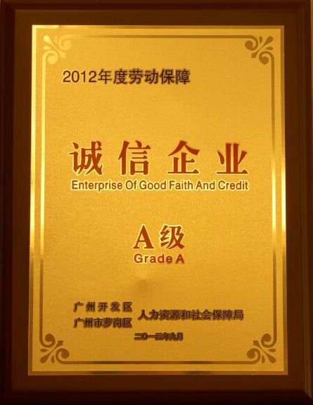 2012年度劳动保障－诚信企业A级